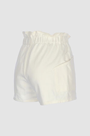 Beyaz Beli Lastikli Yüksek Bel Patı Fermuarlı Jean Şort C 4534-090