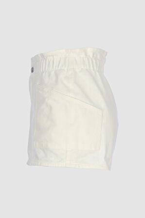 Beyaz Beli Lastikli Yüksek Bel Patı Fermuarlı Jean Şort C 4534-090