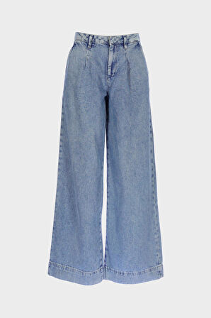 Weslie Açık Mavi Yüksek Bel Patı Fermuarlı Pile Detaylı Wideleg Jean Pantolon C 4530-215