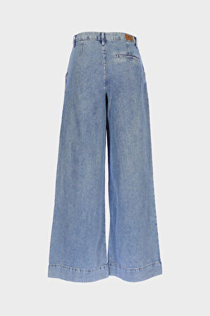 Weslie Açık Mavi Yüksek Bel Patı Fermuarlı Pile Detaylı Wideleg Jean Pantolon C 4530-215