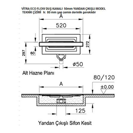 VitrA 59980478000 Eco-Flow V-Flow Dk100 50 Cm Duş Kanalı,Mat Krom Yandan