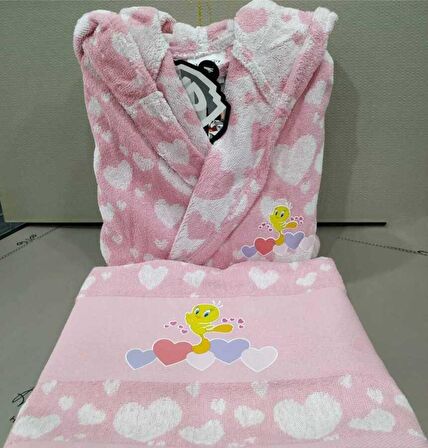 ÖZDİLEK LİSANSLI ÇOCUK BORNOZ TWEETY HEART PEMBE FREE SET 7-8 YAŞ