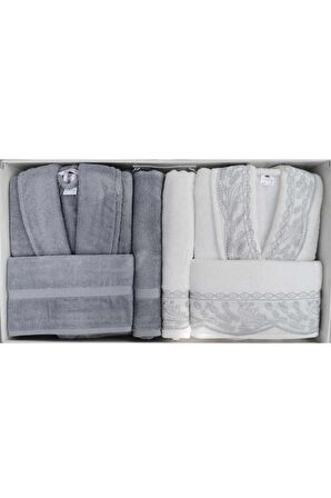 Özdilek Ruby Aile Bornoz Seti Gümüş-Krem/Gümüş