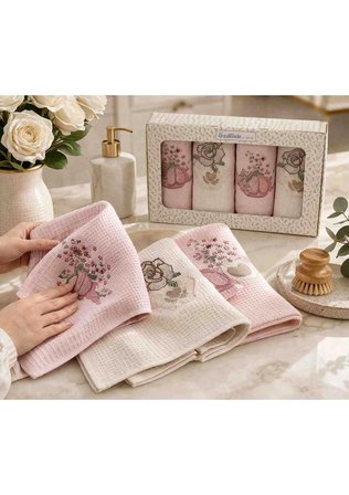 Özdilek 4’lü Mutfak Havlusu 40X60 cm %100 Pamuk Nakışlı Set – Yumuşak Emici Şık Tasarım