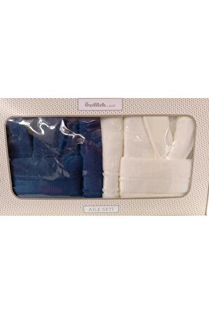 COLOURİST LACİVERT KREM AİLE BORNOZ SETİ