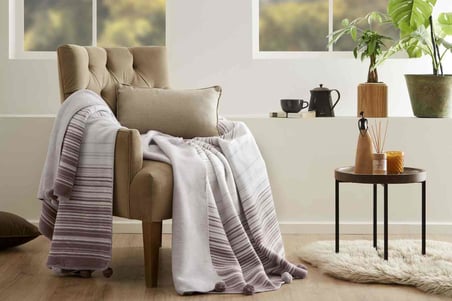 Battaniye Pamuk  Stripe  Ponponlu Tek Kişilik Lila