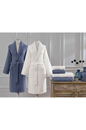 Özdilek Mistico Aile Bornoz Seti İndigo-Krem