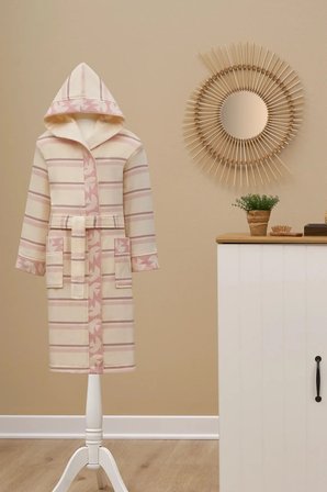 Özdilek Birds Pamuklu Çocuk Bornozu Kapüşonlu Peştemal Beyaz Pembe 15 Yaş
