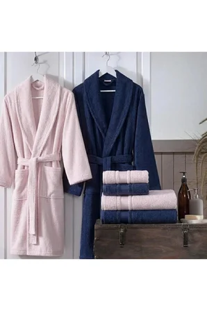 Özdilek Colourist Aile Bornoz Takımı Lacivert Açık Mercan XL L