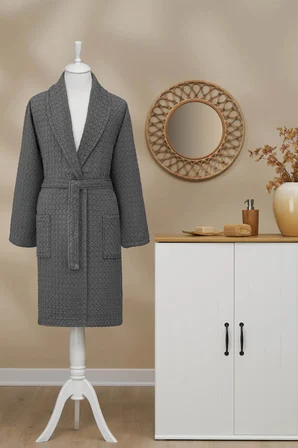 Özdilek Textured Waffle Şal Yaka Unisex Bornoz Antrasit XL