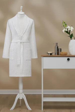 Özdilek Waffle Dokulu Şal Yaka Unisex Bornoz Beyaz Beden XL