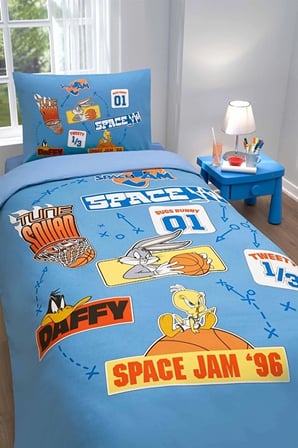 Nevresim Takımı  Fitted Car Ranforce Tek Kişilik Mavi Space Jam Team