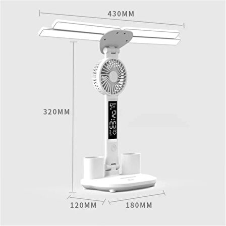 TechTic 8in1 Fanlı Masa Lambası 4 Başlı Lamba Saat Takvim Derece Kalemlik Telefon Tutucu Fan Lamba