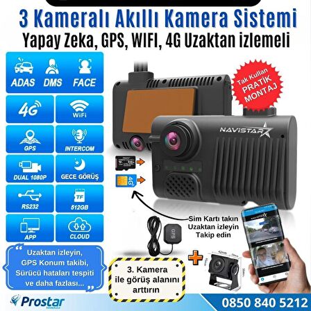 3 Kameralı 4G Uzaktan izlemeli GPS Wifi Yapay Zekalı Akıllı Dashcam Kamyon Tır Kamera Sistemi