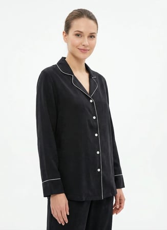 Vivis Siyah Kadın Gömlek Yaka Pijama Üst 50VIV10826
