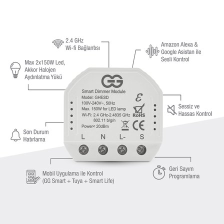 Günsan Akıllı WiFi Nötrlü Dimmer Röle 150W (Işık Ayarlı Anahtar Modülü) Tuya & Smart Life Uyumlu