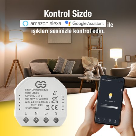 Günsan Akıllı WiFi Nötrlü Dimmer Röle 150W (Işık Ayarlı Anahtar Modülü) Tuya & Smart Life Uyumlu