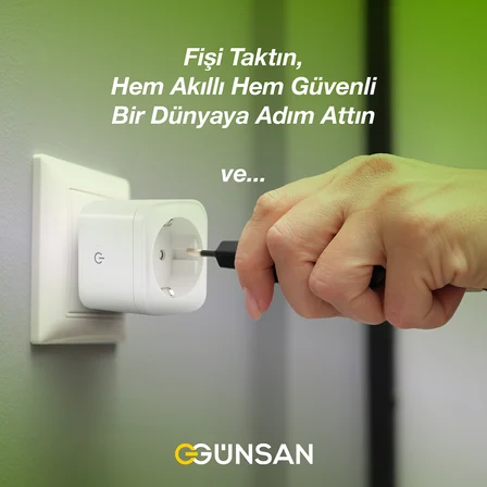Günsan WiFi Akıllı Priz 16A | Enerji Takibi, Uzaktan Kontrol, Tuya Smart Life, Sesli Komut (Google Home & Alexa)