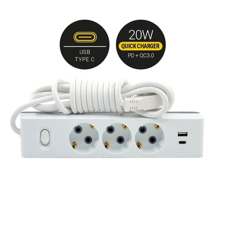 Günsan 20W QC3.0 PD Type-C + USB Çift Çıkışlı Üçlü Çocuk Korumalı Topraklı Anahtarlı Grup Priz 3 Metre