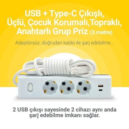 Günsan 20W QC3.0 PD Type-C + USB Çift Çıkışlı Üçlü Çocuk Korumalı Topraklı Anahtarlı Grup Priz 3 Metre