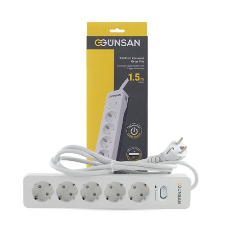 Günsan Beyaz 5'li Akım Korumalı Çocuk Korumalı Grup Priz – 1.5m | 700 Joule | 16kA | Çocuk Korumalı