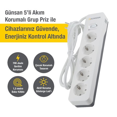 Günsan Beyaz 5'li Akım Korumalı Çocuk Korumalı Grup Priz – 1.5m | 700 Joule | 16kA | Çocuk Korumalı