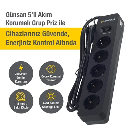 Günsan Siyah 5'li Akım Korumalı Çocuk Korumalı Grup Priz – 1.5m | 700 Joule | 16kA | Çocuk Korumalı
