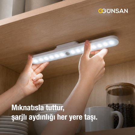Günsan Şarjlı Mıknatıslı Hareket Sensörlü Led Lamba - Dolap İçi, Mutfak, Kitaplık, Tezgah Altı Aydınlatma - 3 Renk Modu - Dim Edilebilir - Işık Hafızalı