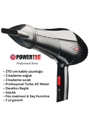 Powertec TR-701 Profesyonel Fön Makinesi + Vigo Difüzör Başlık + Profesyonel Fön Fırçası