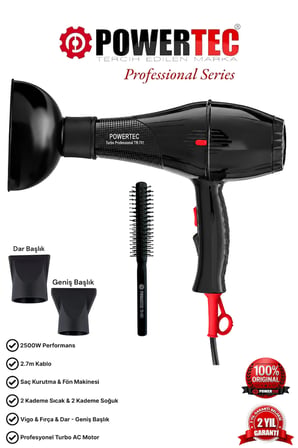Powertec TR-701 Profesyonel Fön Makinesi + Vigo Difüzör Başlık + Profesyonel Fön Fırçası