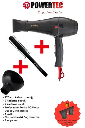 Powertec TR-701 Profesyonel Fön Makinesi + Vigo Difüzör Başlık + Profesyonel Fön Fırçası