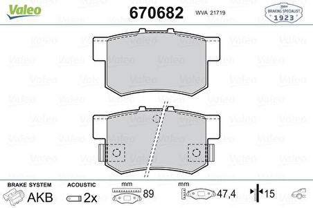 Honda Arka Fren Balatası Honda CIVIC 01>13 Fd6 Fb7 / Cr-V 03>07 / Accord 98>08 / Frv 04> - Valeo 670682