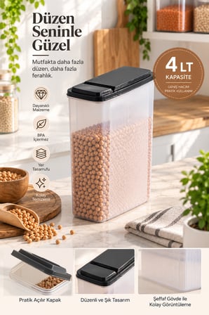 Porsima AK-571 4 Lt Şeffaf Erzak Kabı - Ölçü Çizgili Bakliyat & Kuru Gıda Saklama Kabı