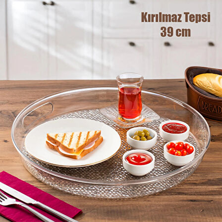 Porsima AK-843 Kırılmaz Tepsi Sunum Tepsisi Şeffaf Yuvarlak Tepsi Çay Kahve Ve Sunum Tepsisi 39x39 Cm