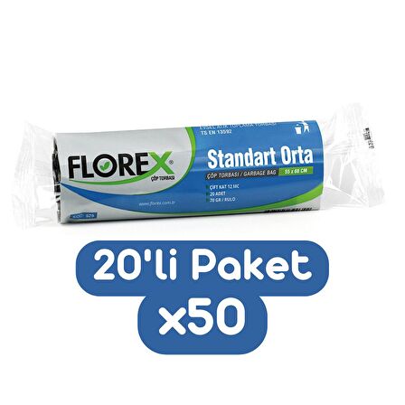 Florex Standart Orta Boy Çöp Torbası 55x60 Cm 20'li Rulo Siyah 50 Rulo (1000 Adet 1 Koli)