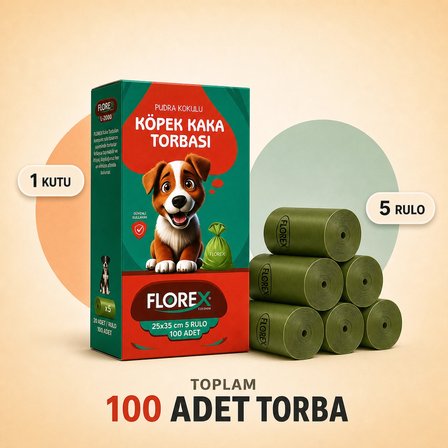 Florex Köpek Kaka Poşeti Pudra Kokulu 5 Rulo 100 Adet - Patili Dostlar Tuvalet Torbası