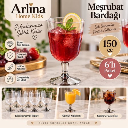 Arlina Home Kids Plastik Bardak 150 cc 6'lı Paket Gümüş Ayaklı