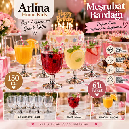 Arlina Home Kids Plastik Bardak 150 cc 6'lı Paket Gümüş Ayaklı
