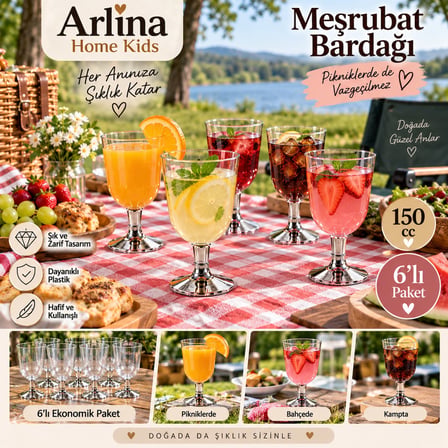 Arlina Home Kids Plastik Bardak 150 cc 6'lı Paket Gümüş Ayaklı