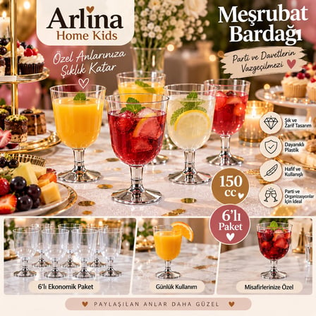 Arlina Home Kids Plastik Bardak 150 cc 6'lı Paket Gümüş Ayaklı