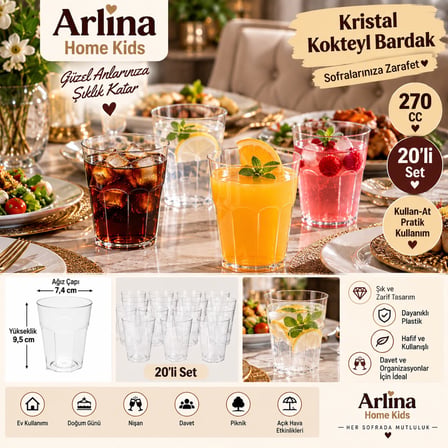 270 CC Kristal Görünümlü Plastik Kokteyl Bardağı 20'li