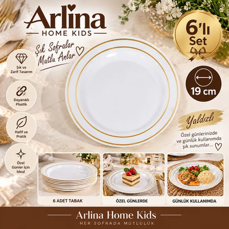 Arlina Home Kids 6'lı Plastik Tabak Seti Altın Yaldızlı 19 cm