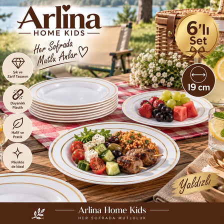 Arlina Home Kids 6'lı Plastik Tabak Seti Altın Yaldızlı 19 cm