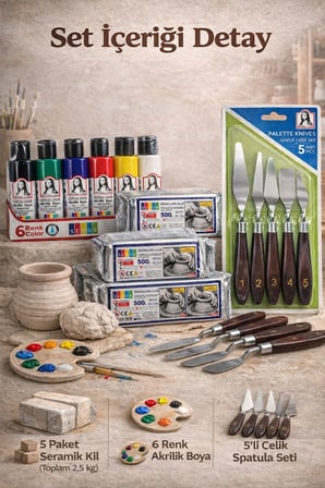 Seramik Hobi Başlangıç Seti 5x500gr Kil + 6'lı Akrilik Boya + 5'li Spatula Seti