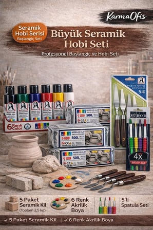 Seramik Hobi Başlangıç Seti 5x500gr Kil + 6 Renk Akrilik Boya + Spatula + 4'lü Fırça