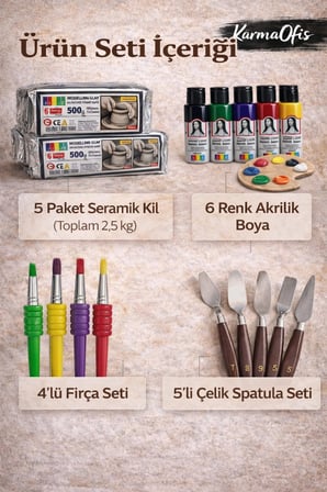 Seramik Hobi Başlangıç Seti 5x500gr Kil + 6 Renk Akrilik Boya + Spatula + 4'lü Fırça