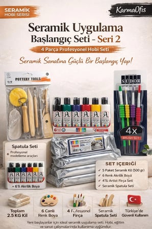 Seramik Başlangıç Seti-2 | 2.5 Kg Kil + 6'lı Akrilik Boya + 4'lü Fırça + Spatula