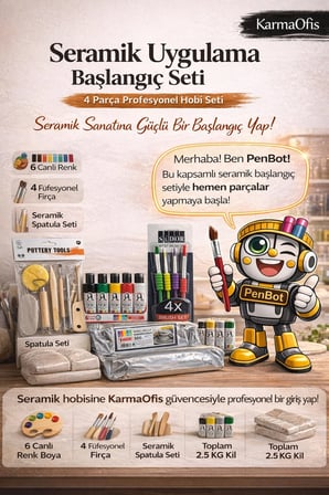Seramik Başlangıç Seti-2 | 2.5 Kg Kil + 6'lı Akrilik Boya + 4'lü Fırça + Spatula