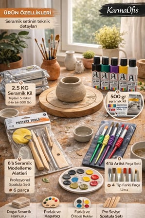 Seramik Başlangıç Seti-2 | 2.5 Kg Kil + 6'lı Akrilik Boya + 4'lü Fırça + Spatula