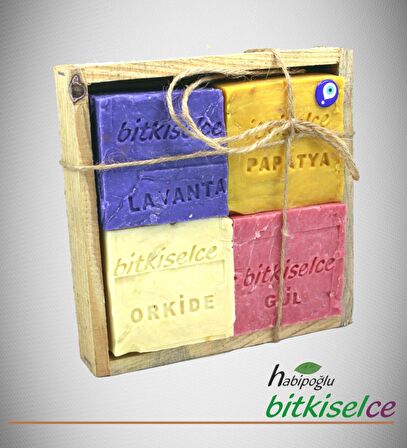 Bitkiselce ÇİÇEK SERİSİ BİTKİSEL SABUN (Lavanta-Gül-Orkide-Papatya) Hediye edilebilir ahşap kutulu